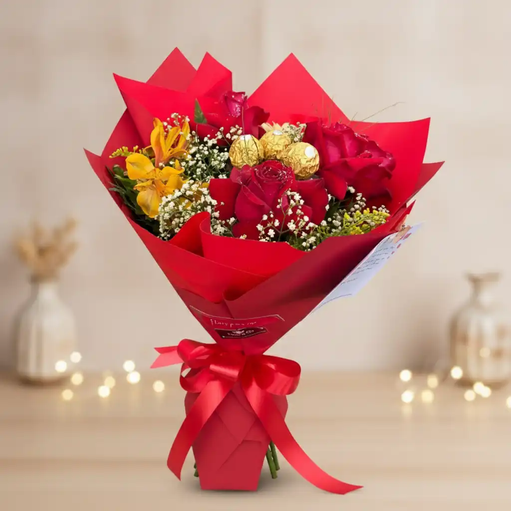 Buquê com 3 rosas + 3 ferrero rocher